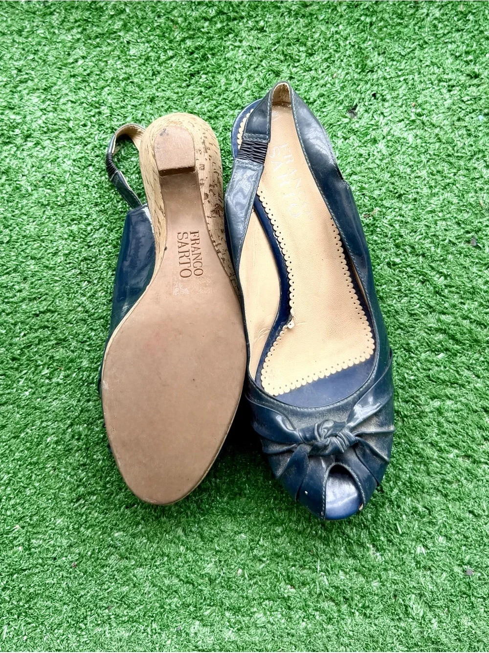 Franco Sarto Navy Blue Patent Peep-Toe Slingback Wedge Heels Women's US 8